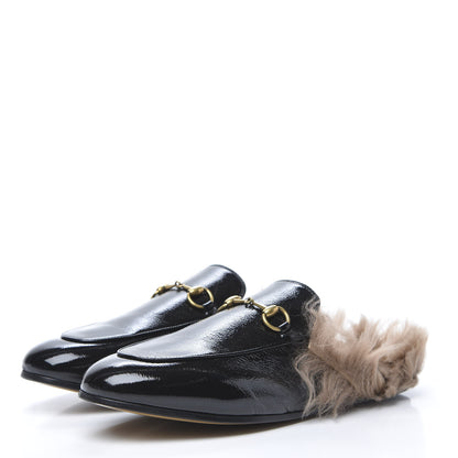 Gucci Patent Fur Womens Princetown Slippers 39 Black Natural 3 of 8