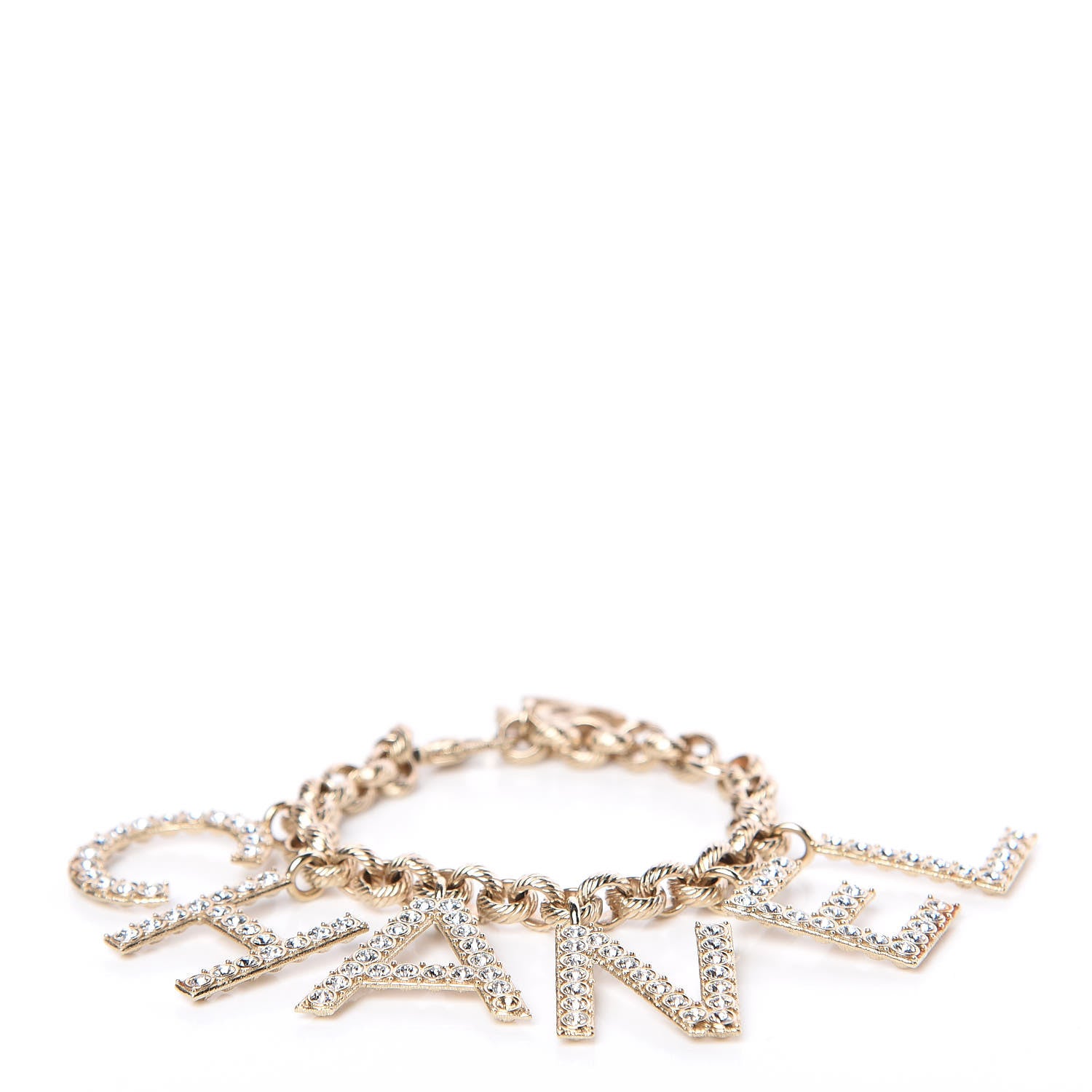 Chanel Metal Crystal Cha-Nel Logo Charm Bracelet Gold 1 of 4