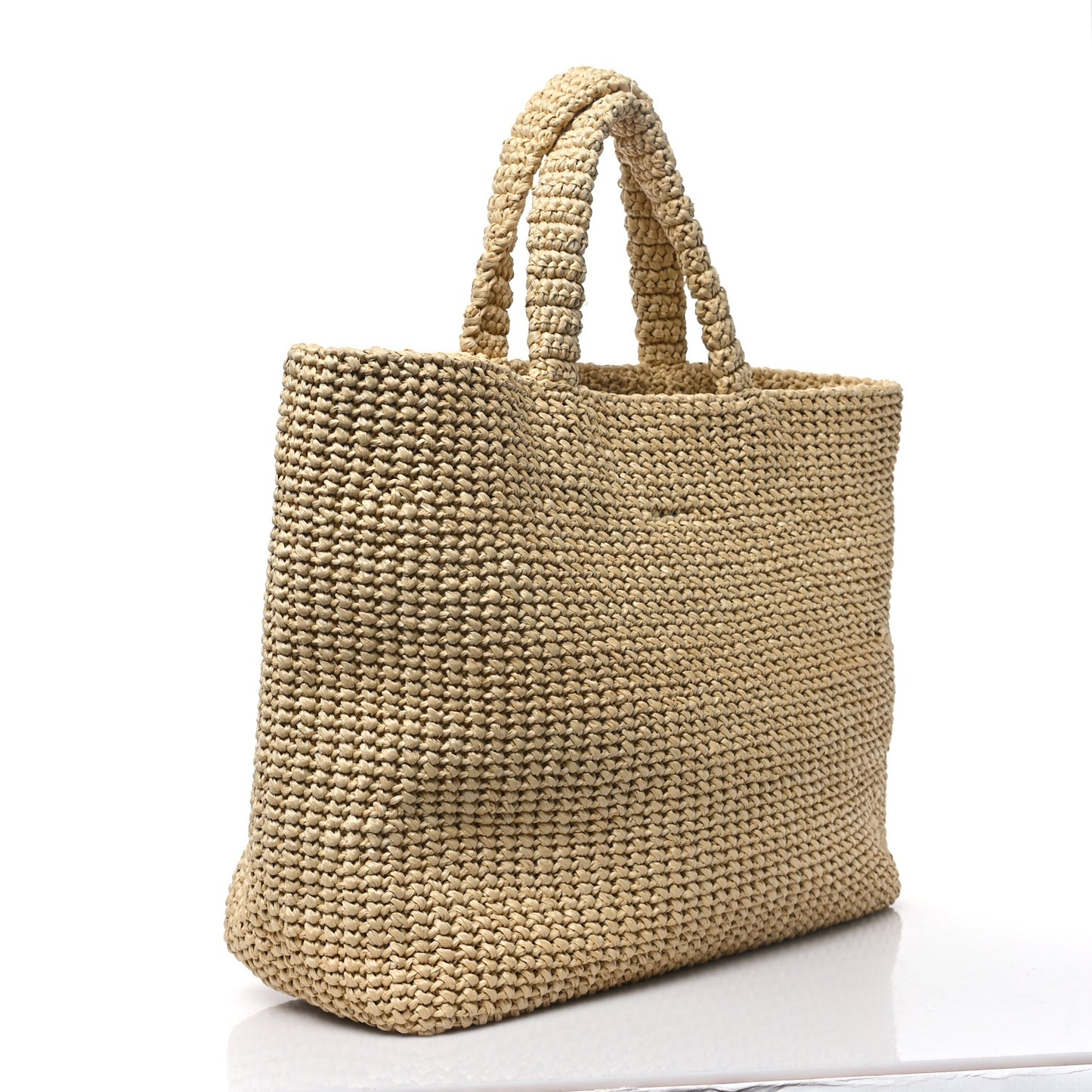 Yarn Raffia Effect Crochet Embroidered Logo Tote Naturale