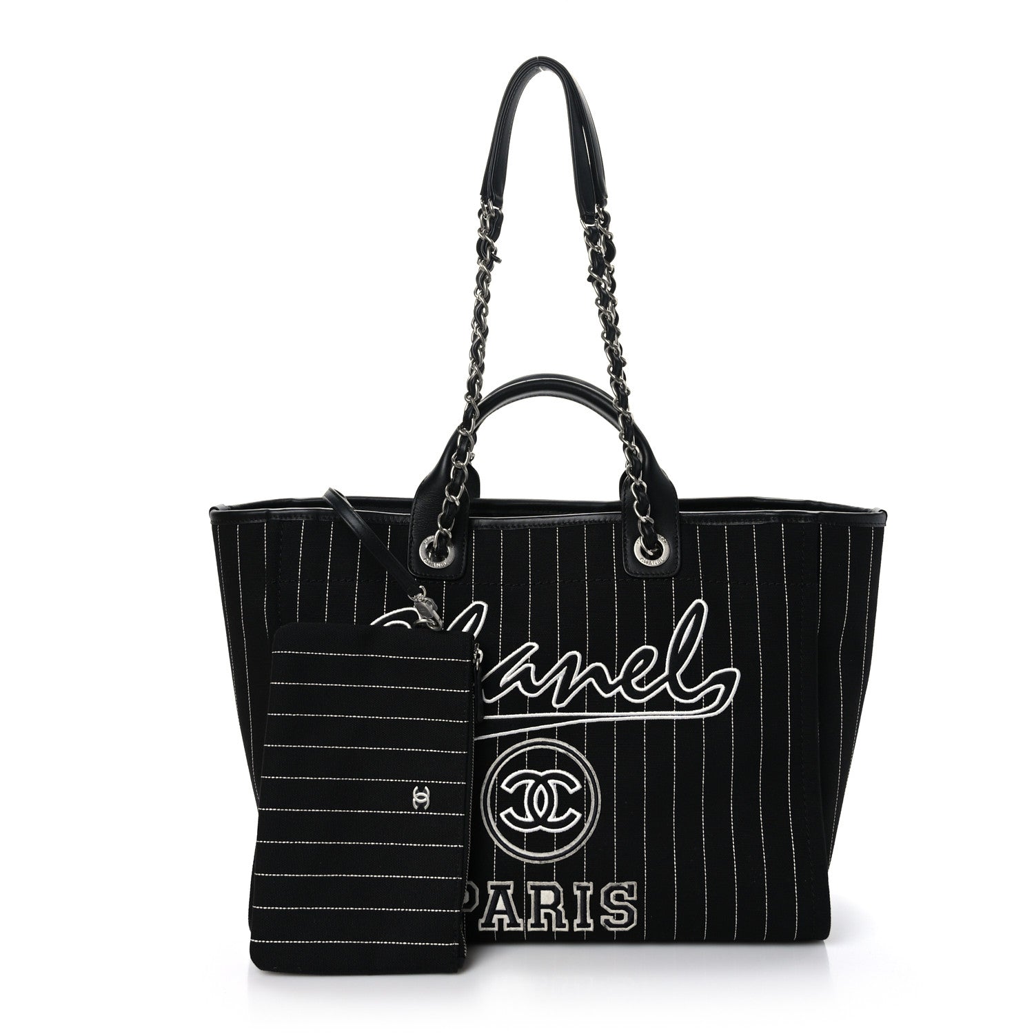 Chanel Canvas Calfskin Striped Medium Deauville Tote Black White 3 of 10