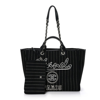 Chanel Canvas Calfskin Striped Medium Deauville Tote Black White 3 of 10