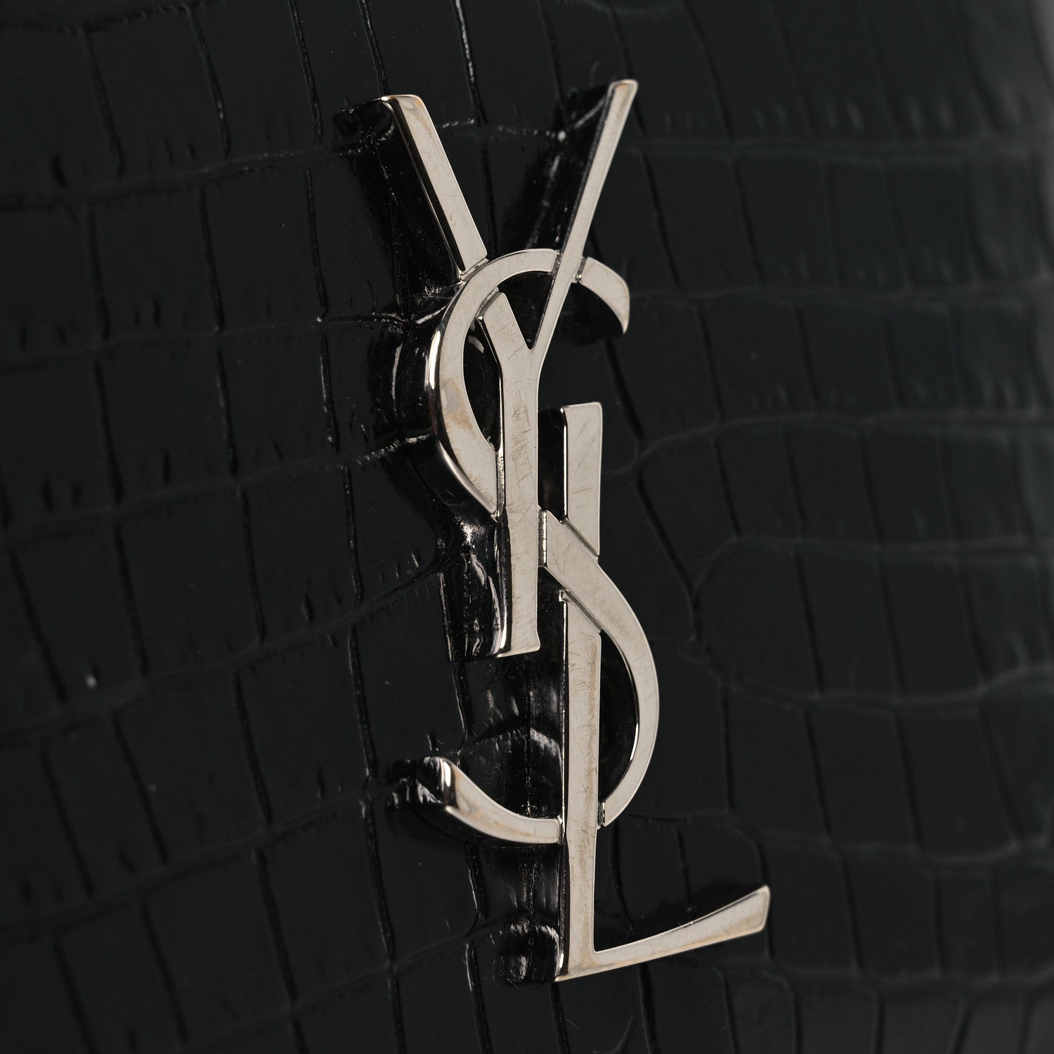 Saint Laurent Calfskin Crocodile Embossed Monogram Compact Wallet Black 8 of 9