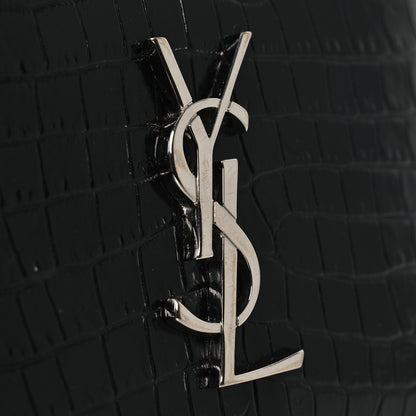 Saint Laurent Calfskin Crocodile Embossed Monogram Compact Wallet Black 8 of 9