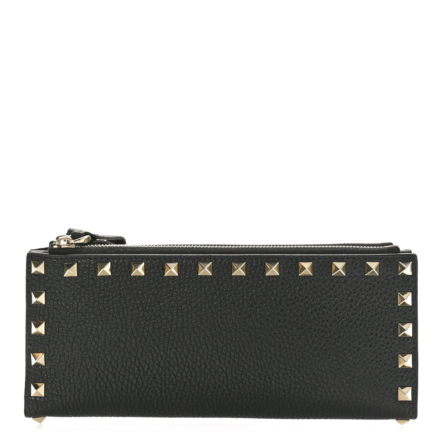 Pebbled Calfskin Rockstud Fold Zip Wallet Black