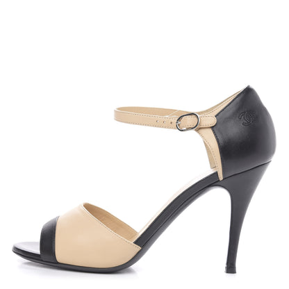 Chanel Lambskin Peep Toe Sandals 39 Beige Black 1 of 12