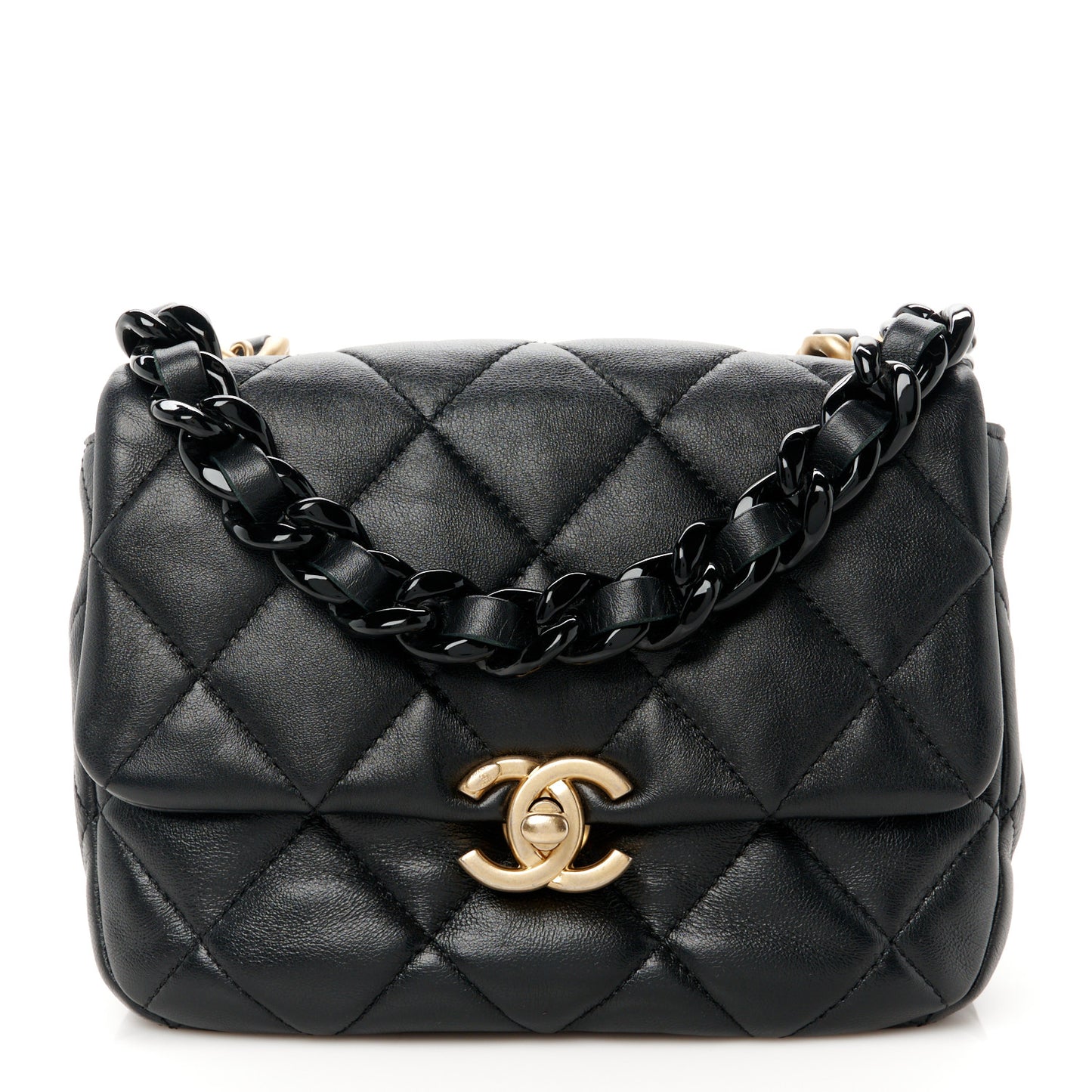Lambskin Quilted Mini Lacquered Chain Flap Black