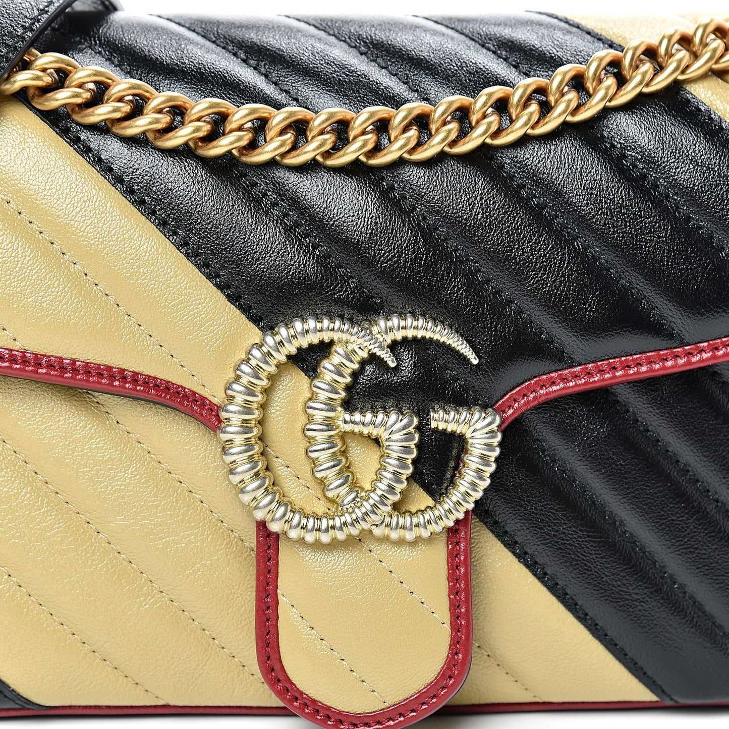 Vintage Effect Calfskin Matelasse Diagonal Striped Small Torchon GG Marmont Shoulder Bag Black Beige
