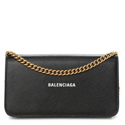 Balenciaga Grained Calfskin Logo Everyday Phone Holder Wallet On Chain Black White 1 of 10