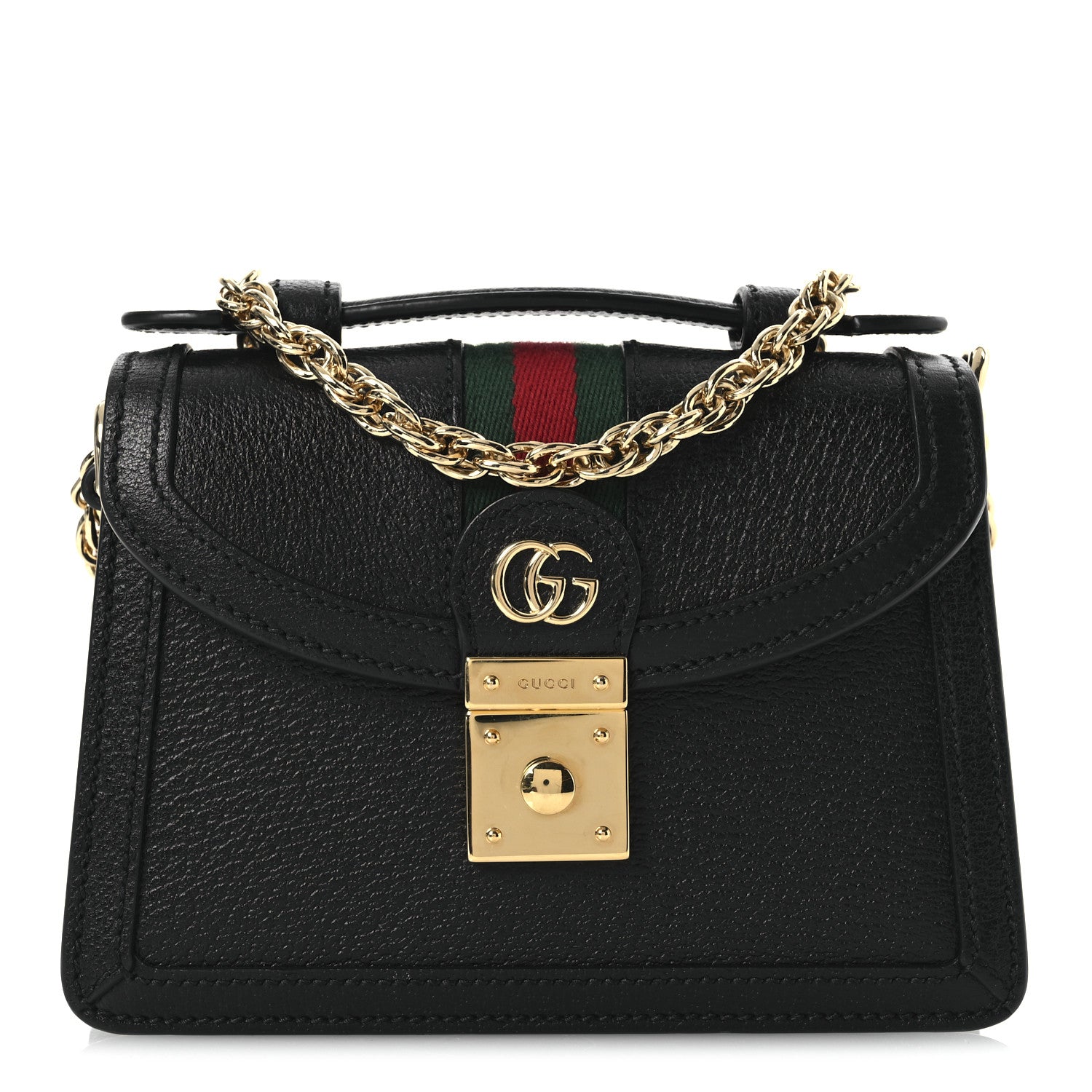 Gucci Textured Dollar Calfskin Web Mini Ophidia Padlock Top Handle Chain Shoulder Bag Black 8 of 10