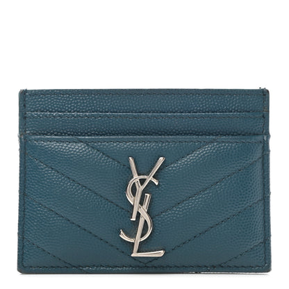 Saint Laurent Grain De Poudre Matelasse Chevron Monogram Credit Card Case Peacock Green 1 of 7