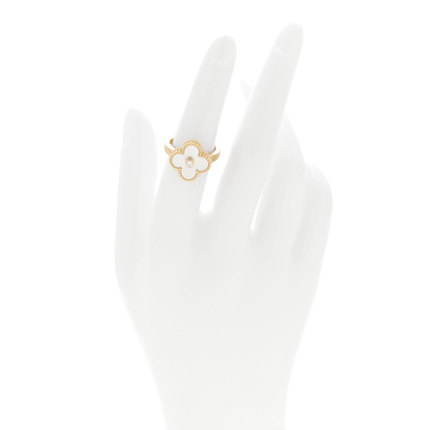 18K Yellow Gold Diamond Mother of Pearl Vintage Alhambra Ring 51 5.75