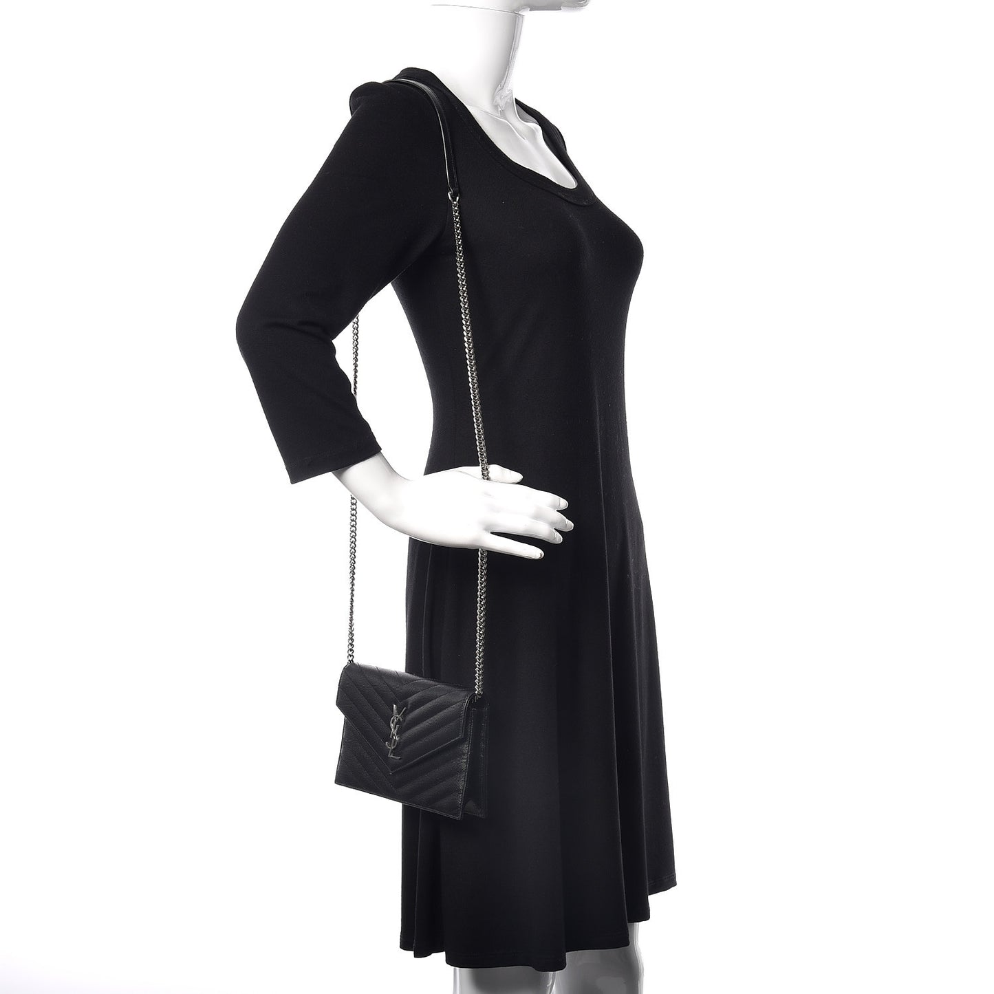 Grain De Poudre Matelasse Chevron Monogram Envelope Chain Wallet Black