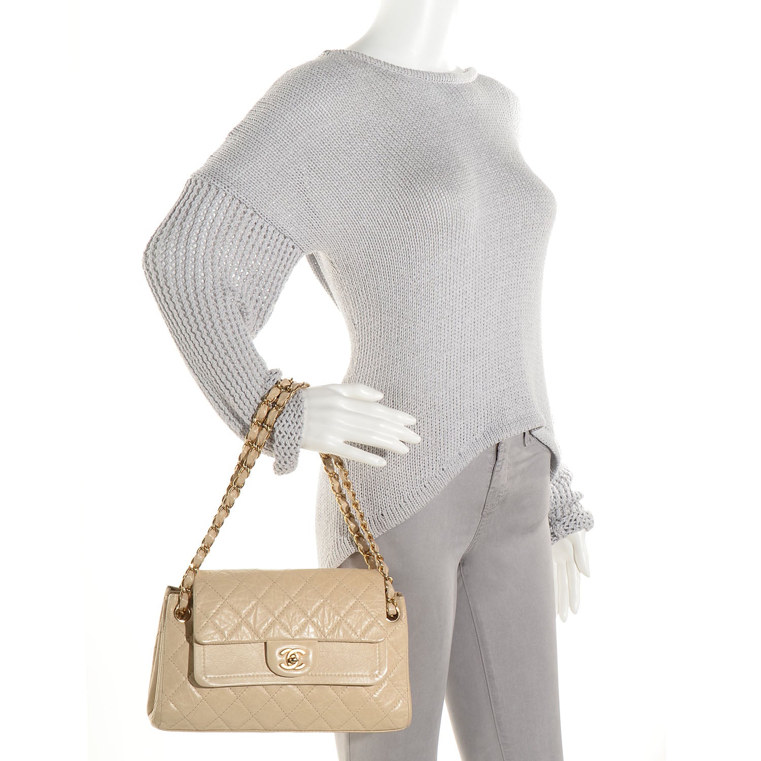 Chanel Aged Calfskin Quilted Accordion Double Flap Beige 2 of 8