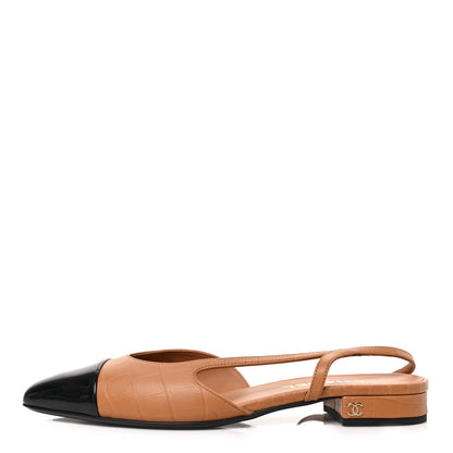 Chanel Calfskin Crocodile Embossed Patent Cap Toe CC Slingback Flats 41 Brown Black 1 of 8