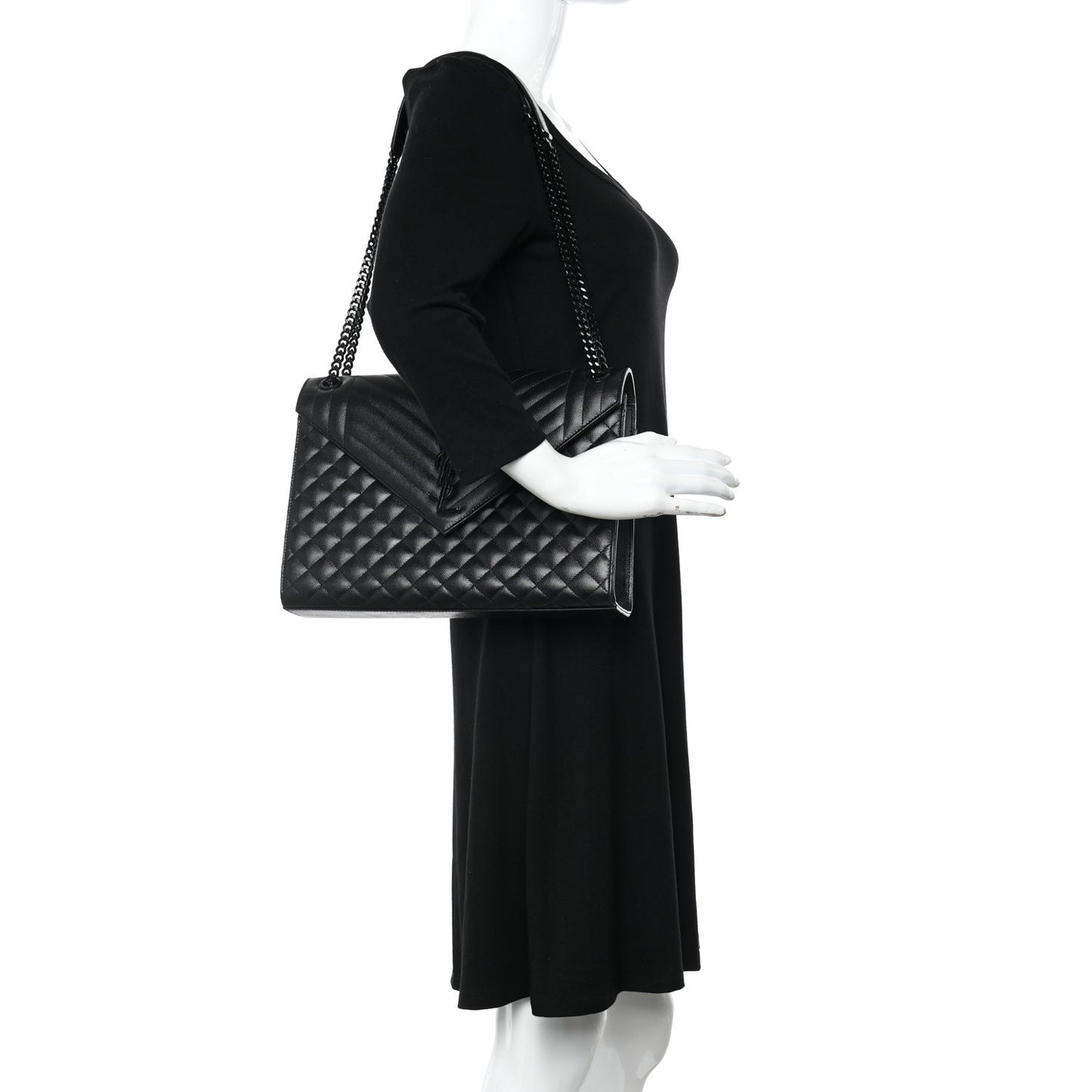 Grain De Poudre Textured Mixed Matelasse Large Triquilt Monogram Monochrome Satchel Black