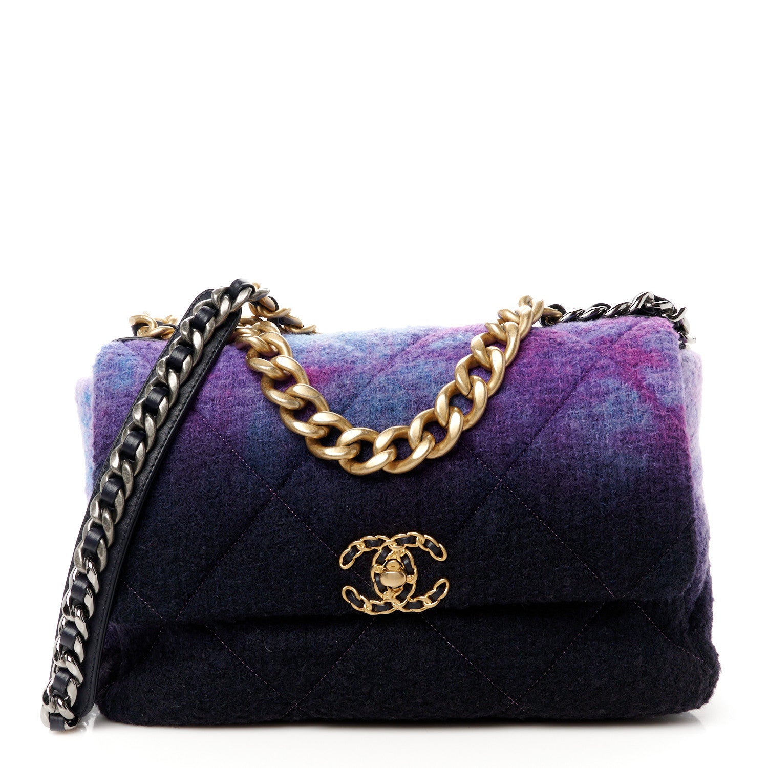 Chanel Wool Tweed Quilted Large Chanel 19 Flap Purple Black Blue 1 of 10