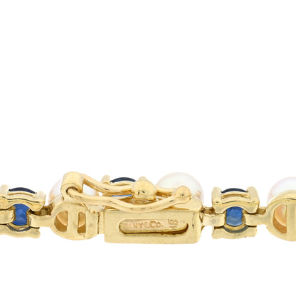 Tiffany 18K Yellow Gold Blue Sapphire Pearl Tennis Bracelet 3 of 3