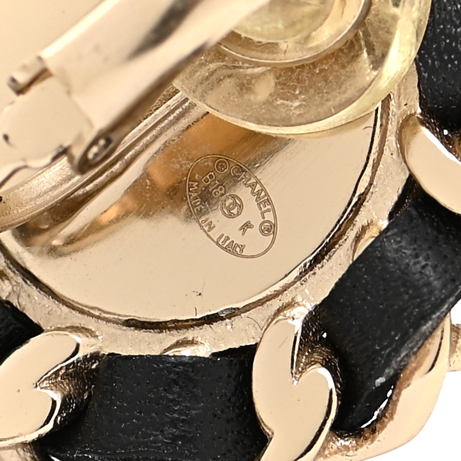 Chanel Pearl Lambskin Chain Logo Hoop Clip On Earrings Black Gold 4 of 4