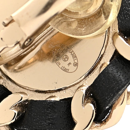 Chanel Pearl Lambskin Chain Logo Hoop Clip On Earrings Black Gold 4 of 4
