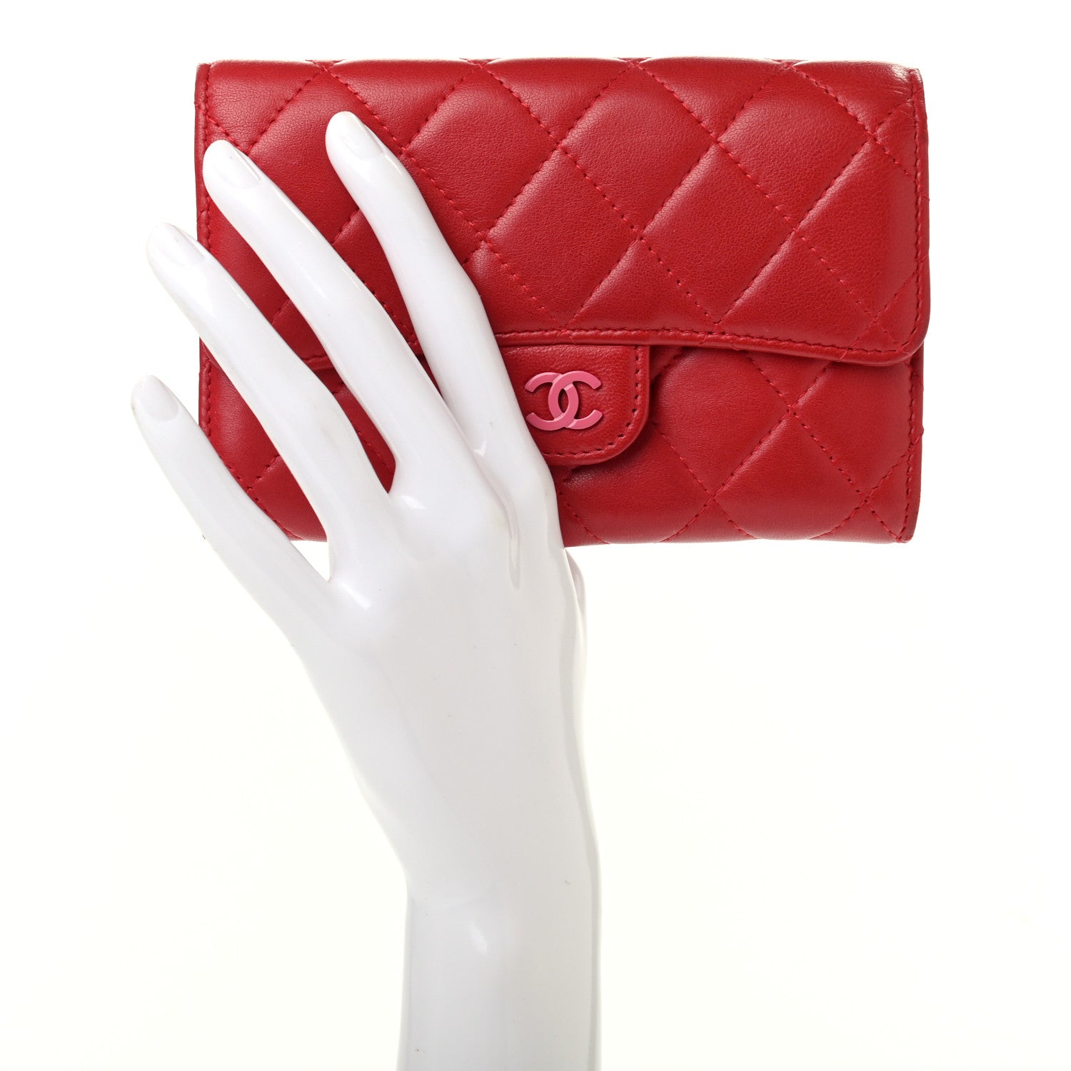 Chanel Lambskin Quilted Small Flap Wallet Red Pink 2 of 8