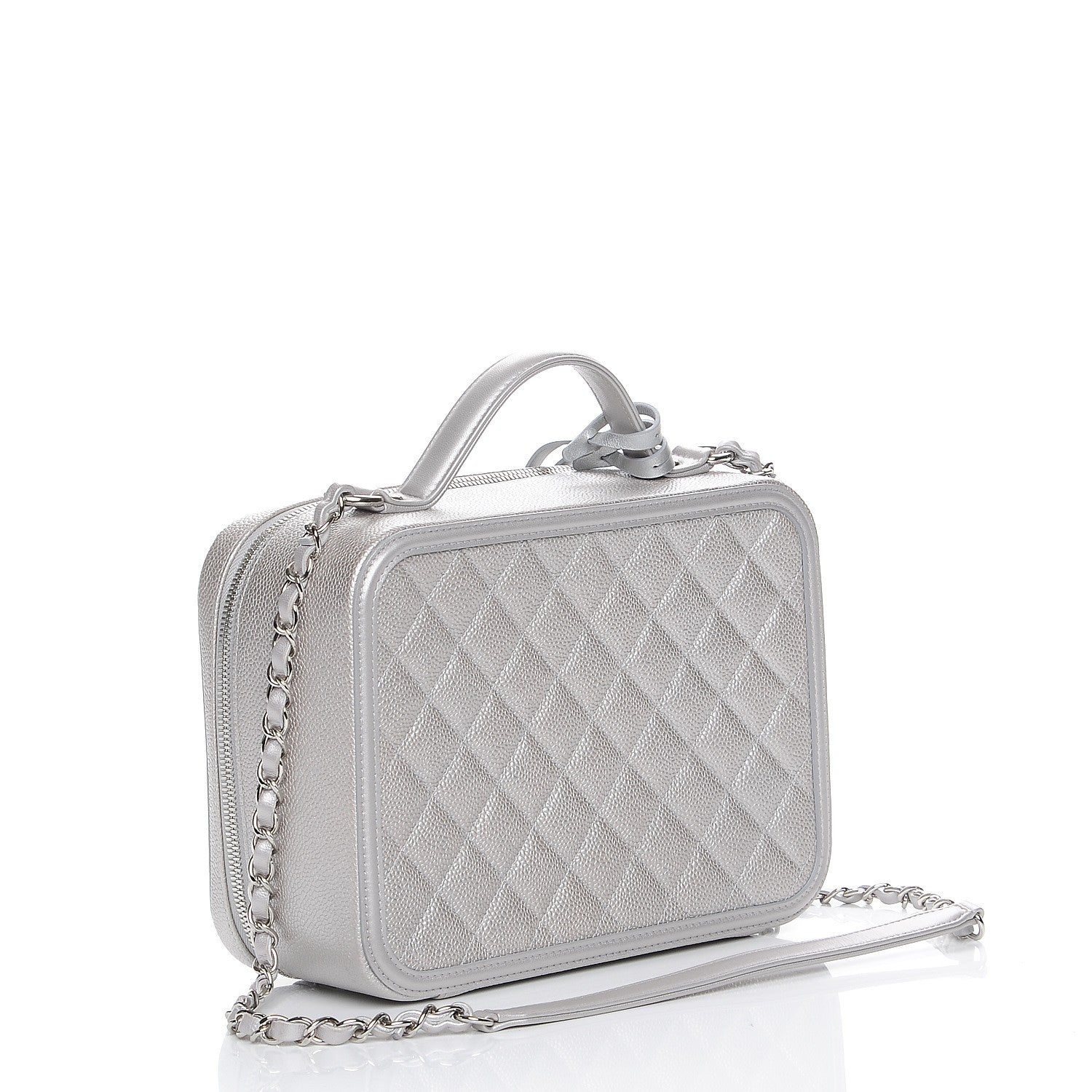 Chanel Metallic Caviar Quilted Large CC Filigree Vanity Case Silver 3 of 10