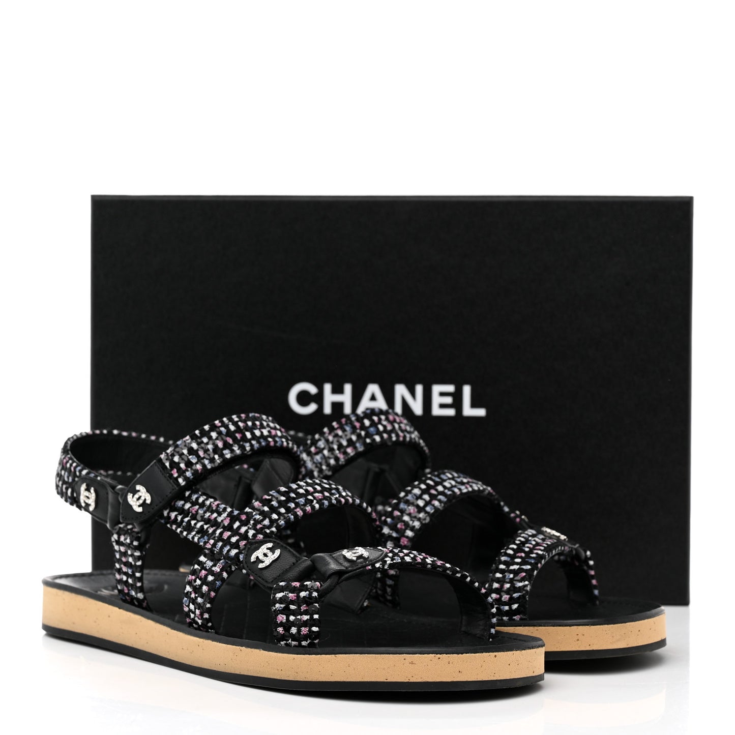 Tweed Lambskin Crystal CC Sandals 41 Black Multicolor