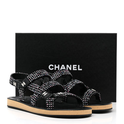 Chanel Tweed Lambskin Crystal CC Sandals 41 Black Multicolor 9 of 9