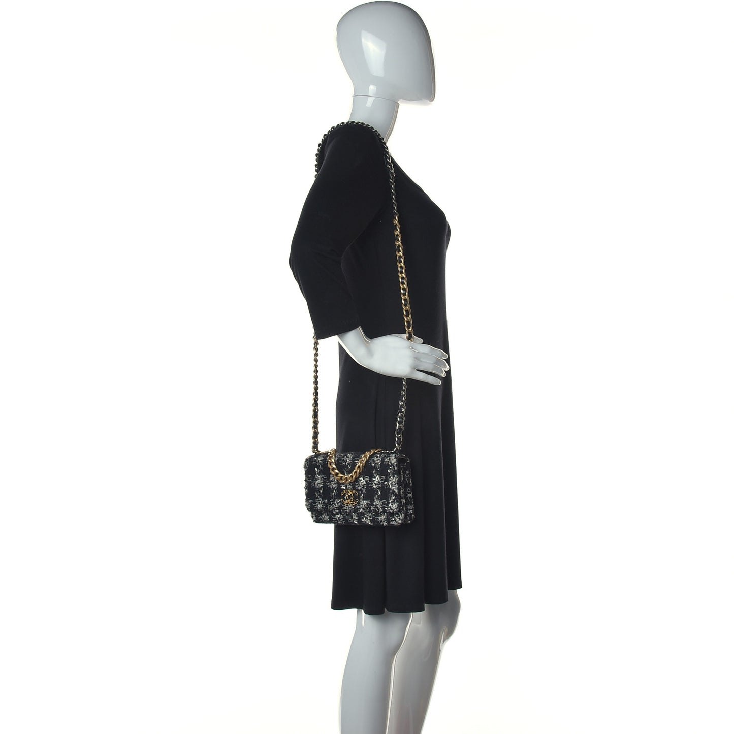 Tweed Quilted Chanel 19 Wallet On Chain WOC Black Silver Ecru