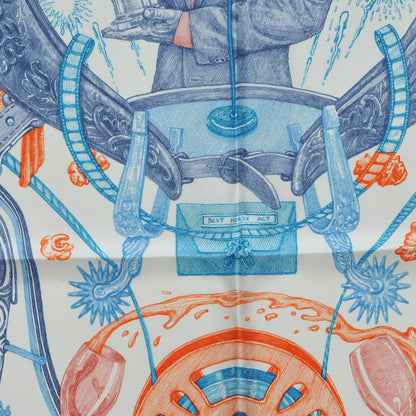 Hermes Silk Horsawards Scarf 90 Blanc Orange Bleu 5 of 11