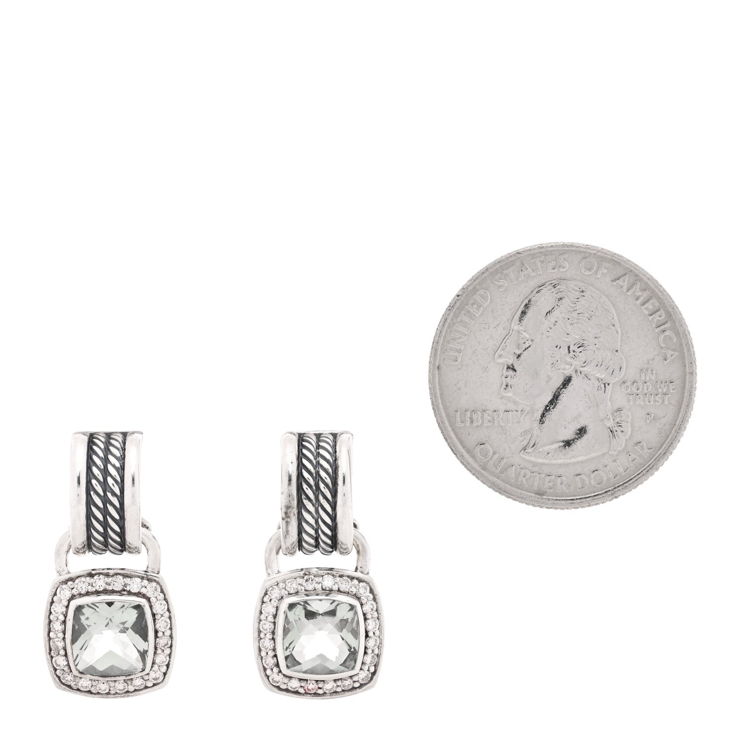 David Yurman Sterling Silver Diamond Prasiolite 7mm Albion Drop Earrings 2 of 4