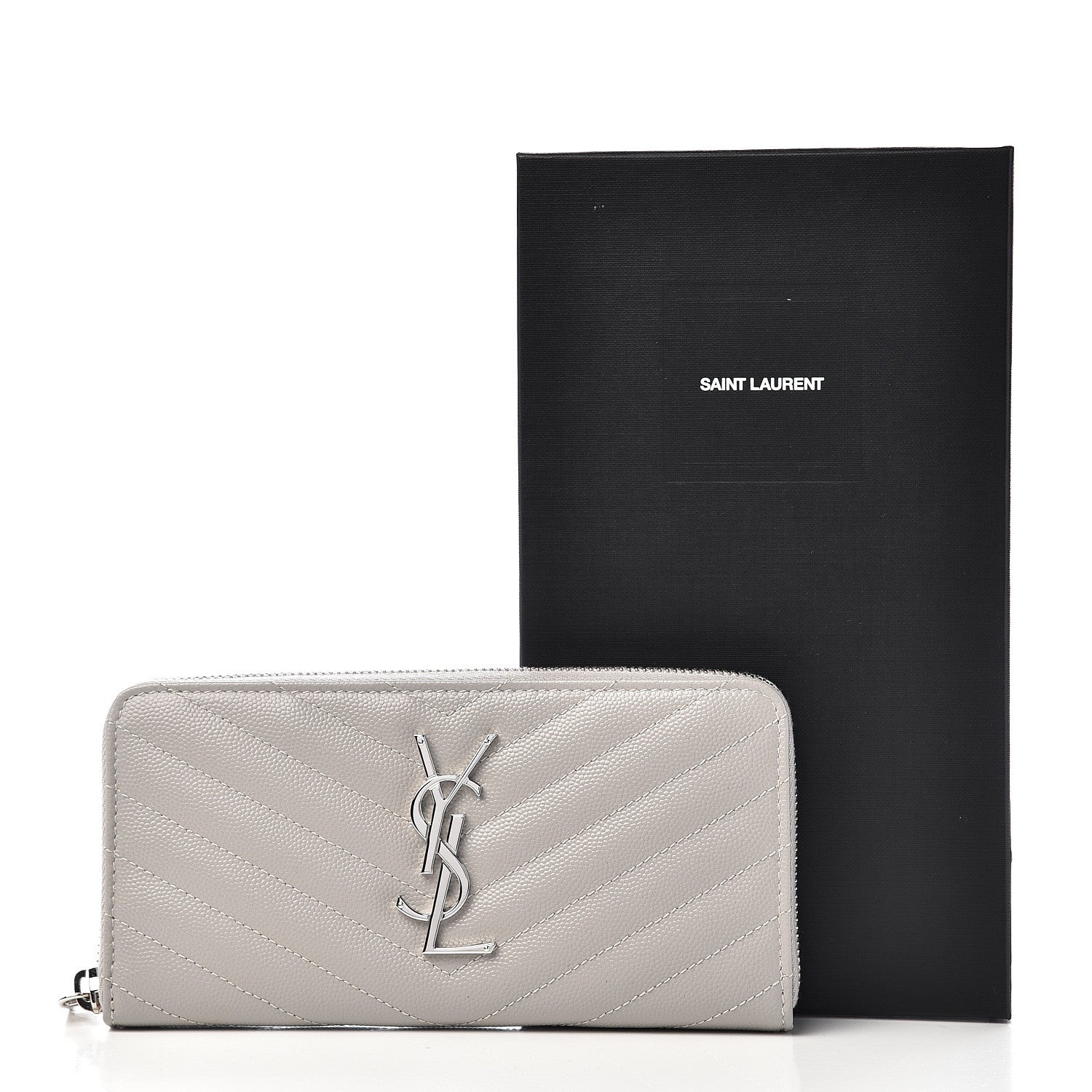 Saint Laurent Grain De Poudre Matelasse Chevron Monogram Zip Around Wallet Granite 7 of 7