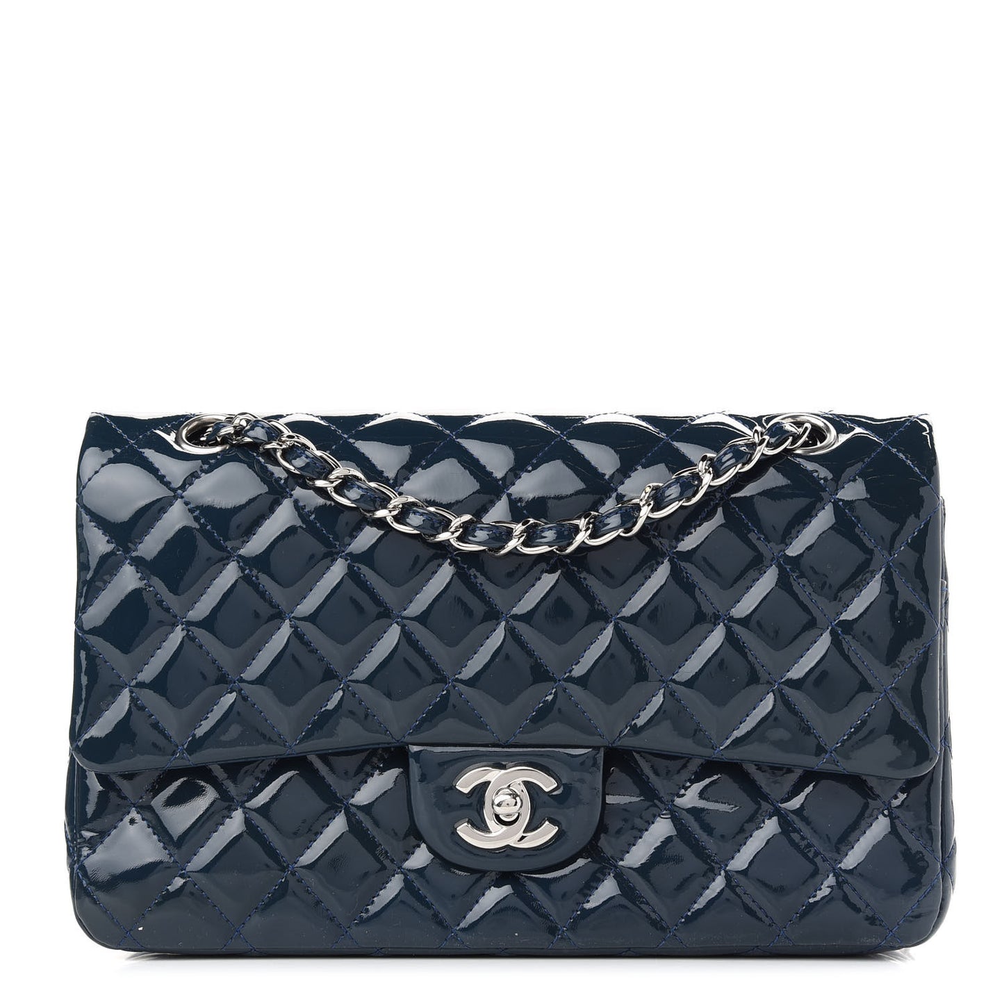 Patent Quilted Medium Double Flap Navy