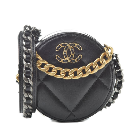 Chanel Shiny Goatskin Quilted 19 Round Clutch With Chain Black 1 of 11