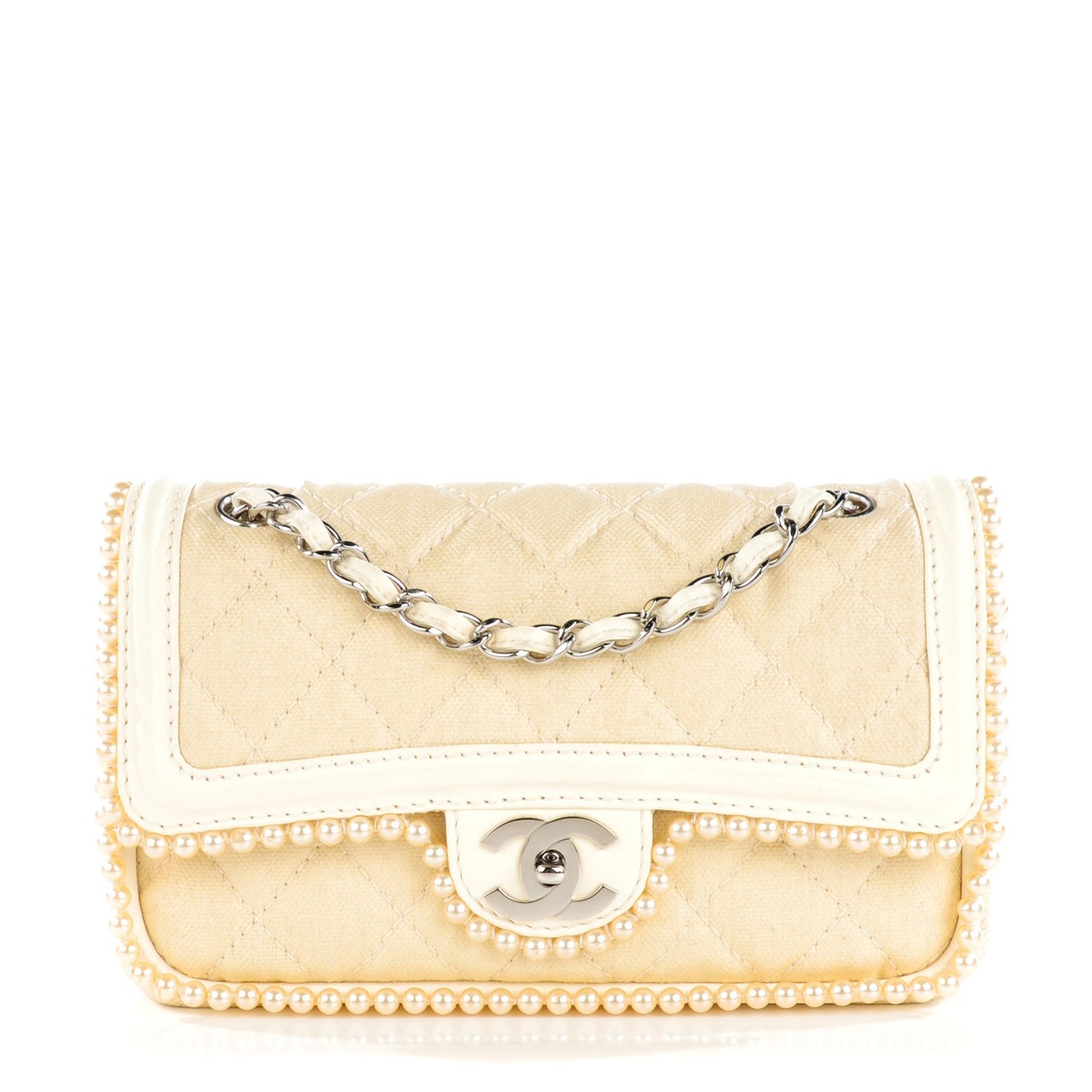 Canvas Quilted Pearl Trim Medium Flap Beige