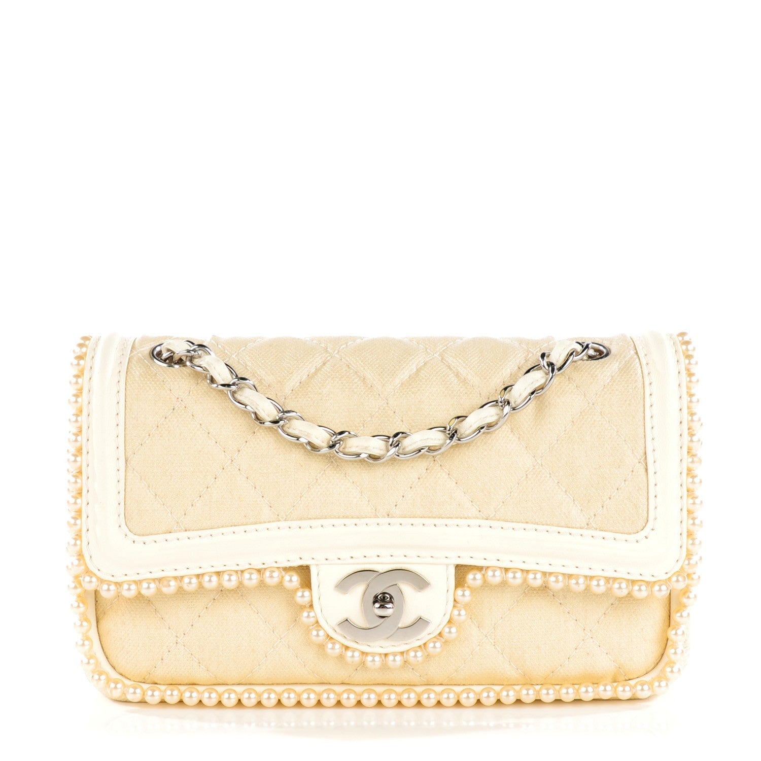 Chanel Canvas Quilted Pearl Trim Medium Flap Beige 1 of 8