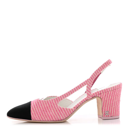 Chanel Fabric Grosgrain Cap Toe CC Striped Slingback Pumps 36 Pink Black 39.5 Pink Black 1 of 10