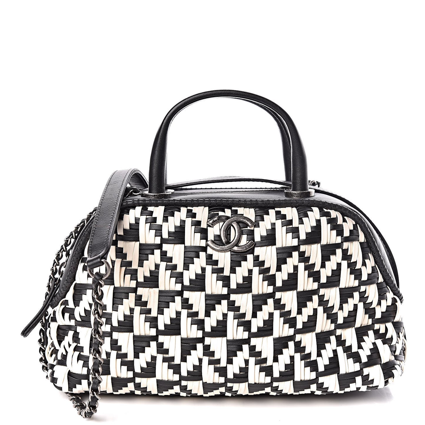 Calfskin Woven Bowling Bag Black White
