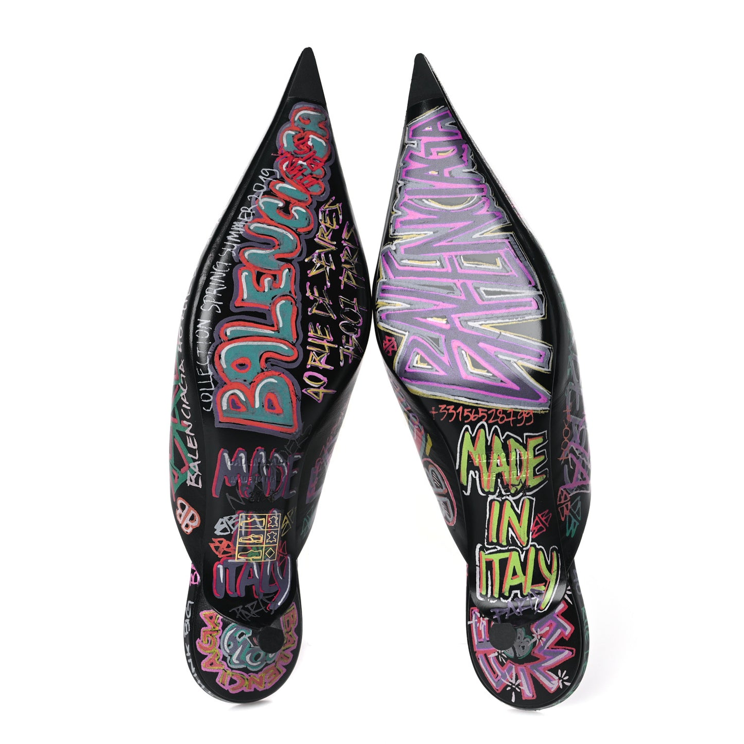 Chevre Classic Graffiti Pointed Toe Knife Mules 37 Black Multicolor