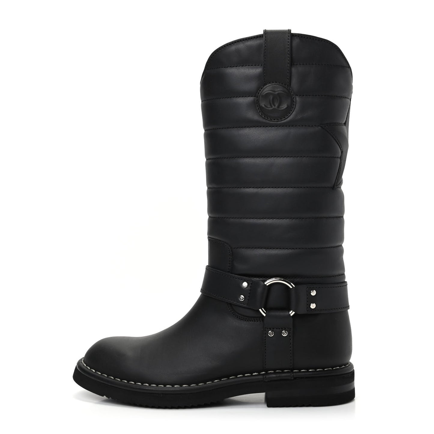 Oily Calfskin Star Quilted Biker Boots 36.5 Black