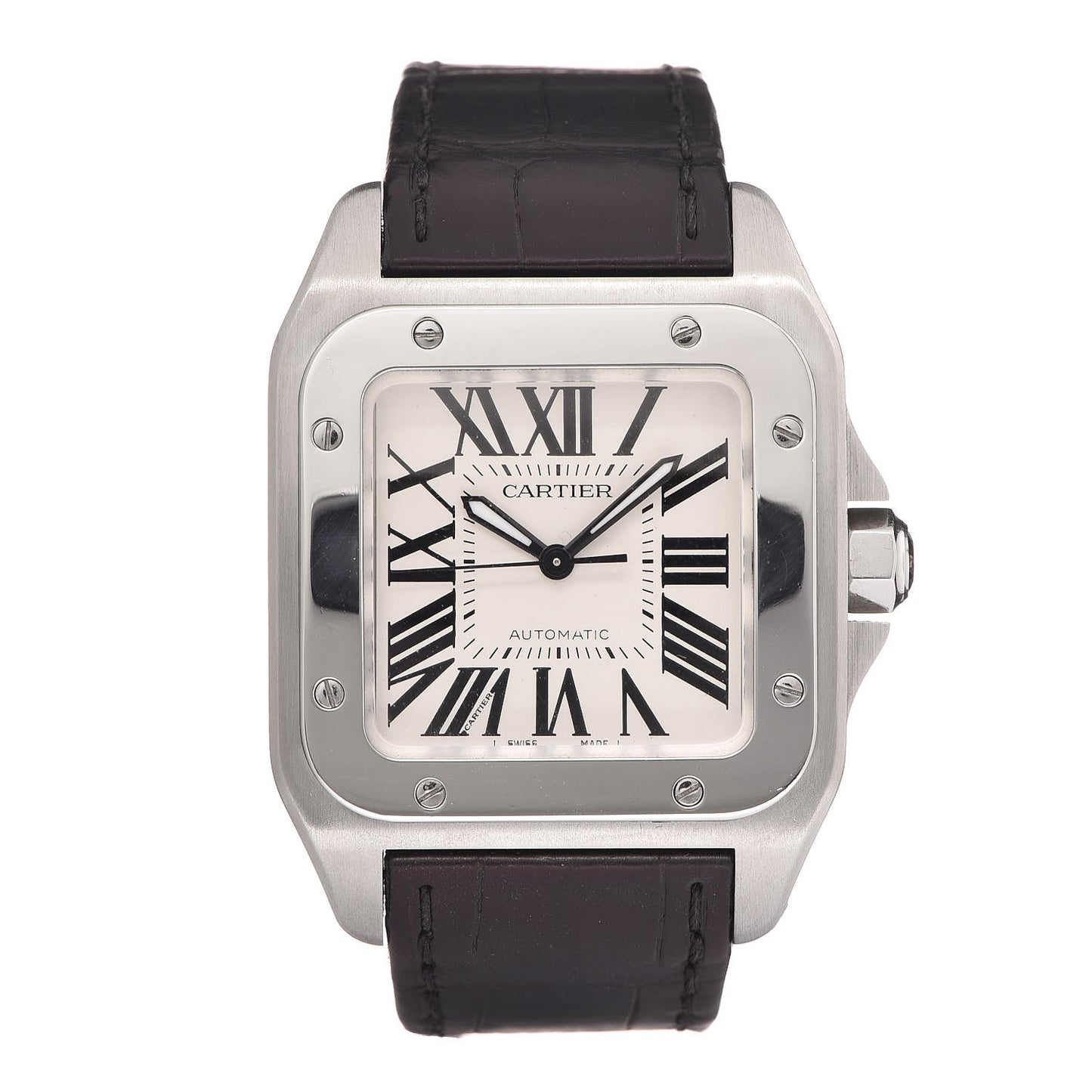 Stainless Steel Alligator 33mm Santos 100 Automatic Watch Brown