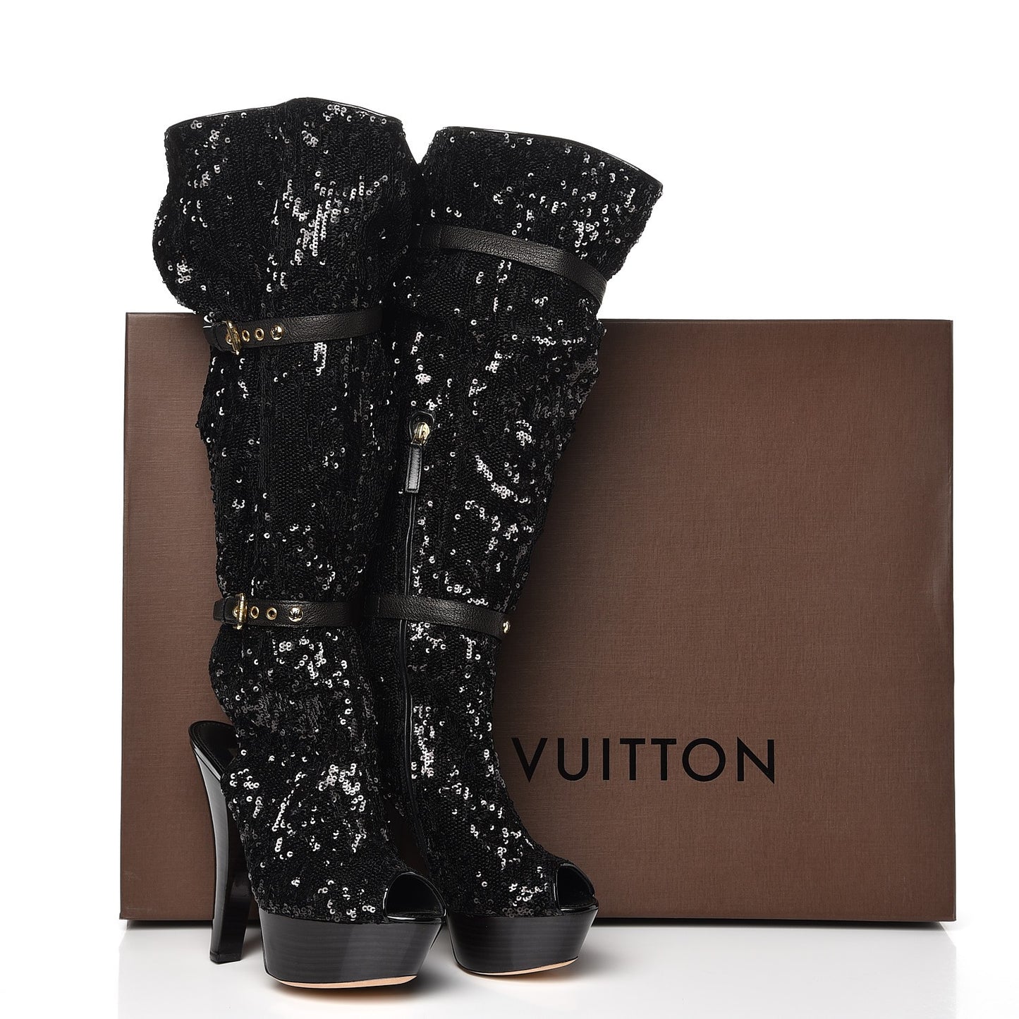 Sequin Peep Toe Tall Boots 38.5 Black