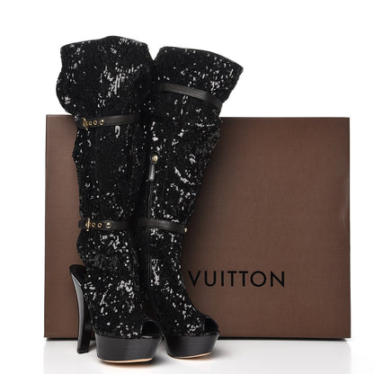 Louis Vuitton Sequin Peep Toe Tall Boots 38.5 Black 9 of 9