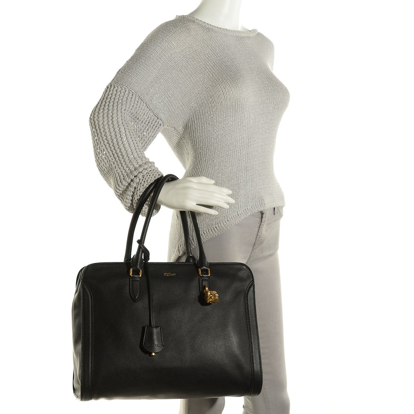 Pebbled Calfskin Large Skull Padlock Zip Around Tote Black