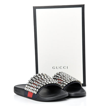 Gucci Calfskin Crystal Embellished Web Slide Sandals 37 Blue Red 8 of 8