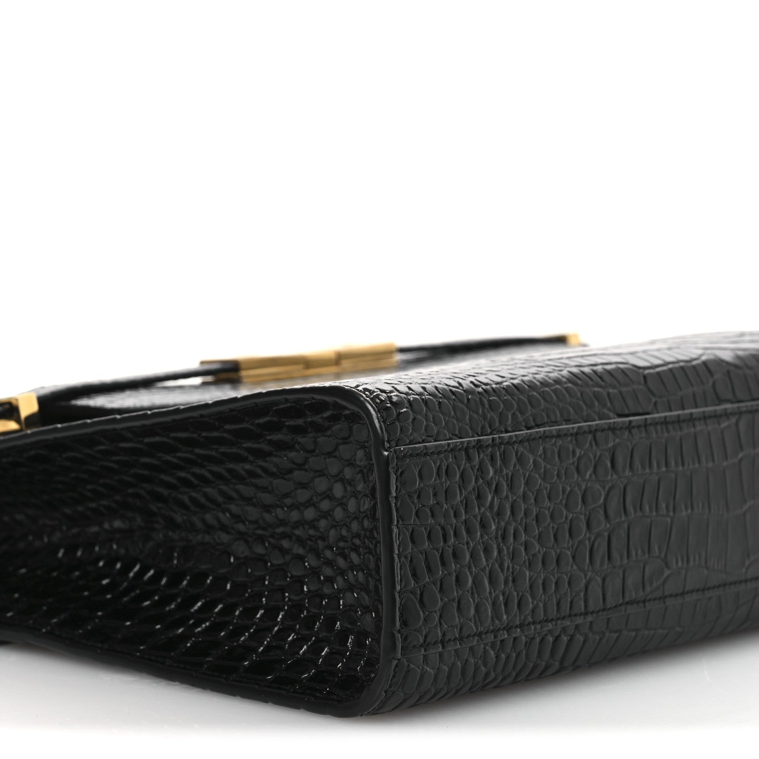 Saint Laurent Shiny Calfskin Crocodile Embossed Manhattan Baguette Black 9 of 12