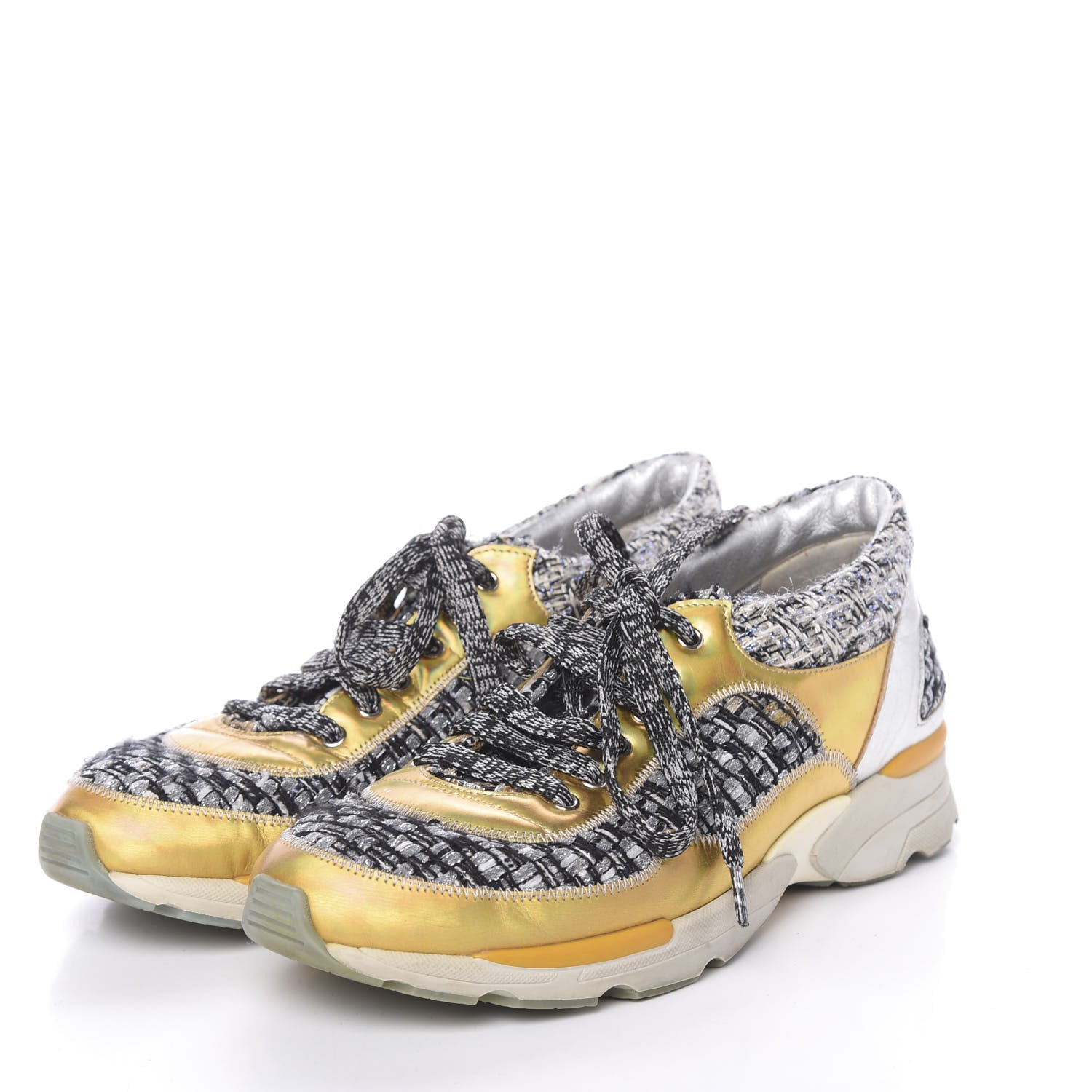 Chanel Tweed Lambskin Tennis Sneakers 36 Black White Argent 3 of 14