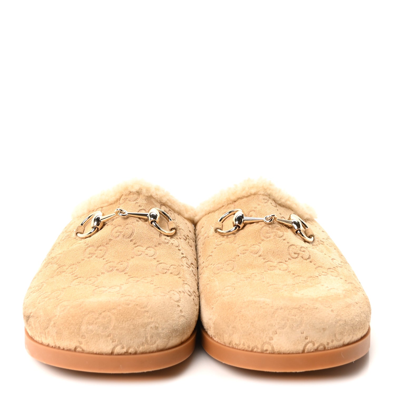 Gucci Suede GG Debossed Shearling Womens Horsebit Mules 39 Beige