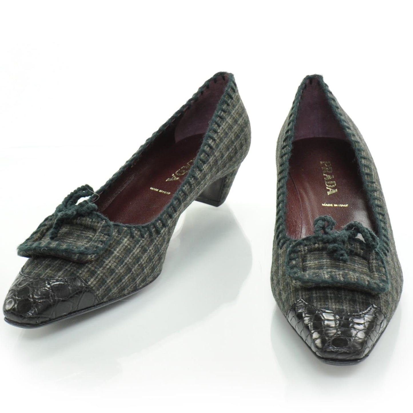 Wool Calfskin Crocodile Embossed Plaid Kitten Heels 38.5