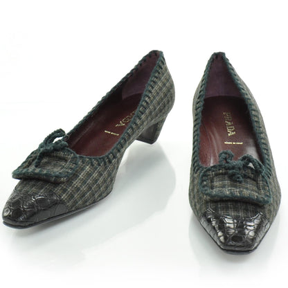 Prada Wool Calfskin Crocodile Embossed Plaid Kitten Heels 38.5 1 of 8