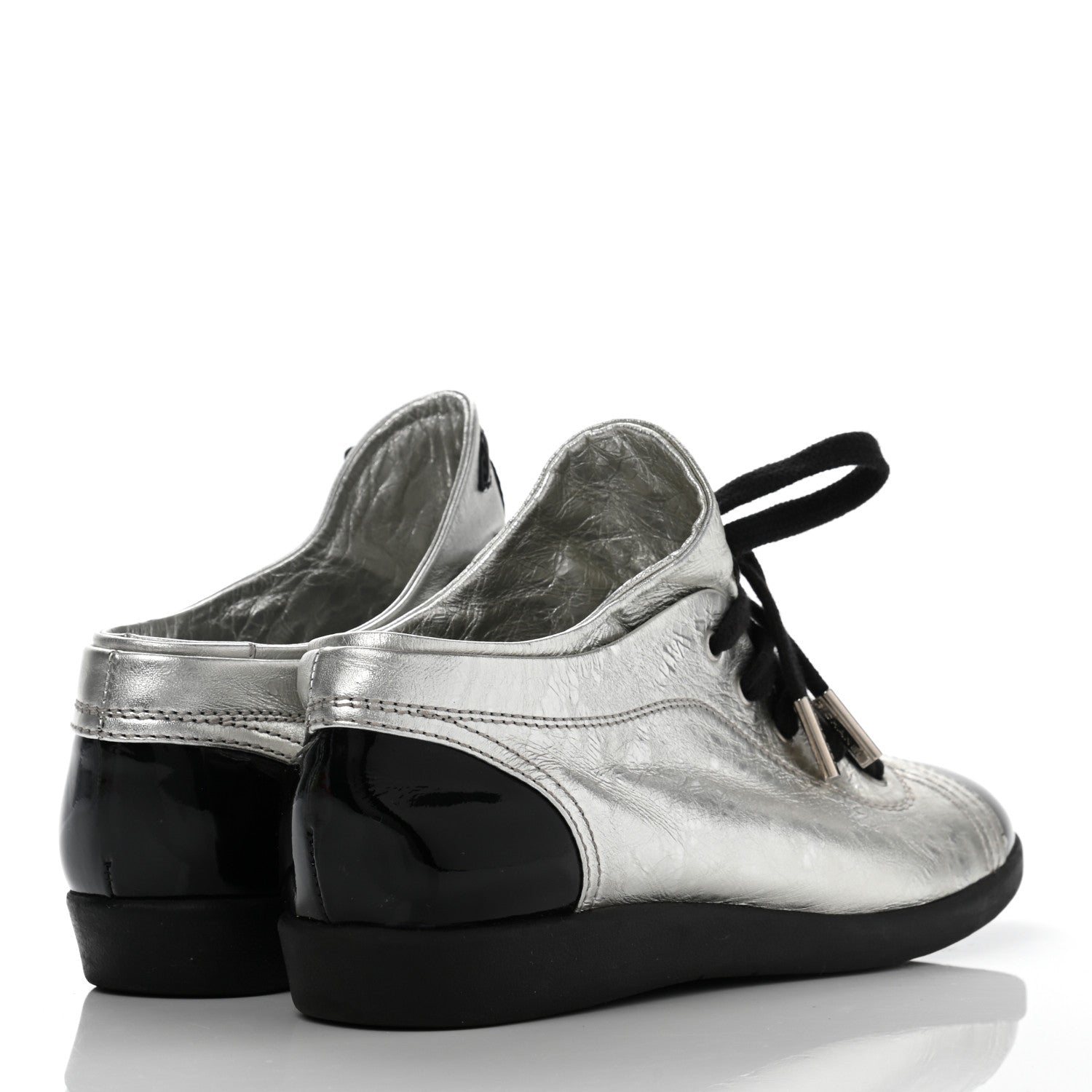 Chanel Metallic Lambskin Patent Cap Toe CC Sneakers 38.5 Silver Black 4 of 13
